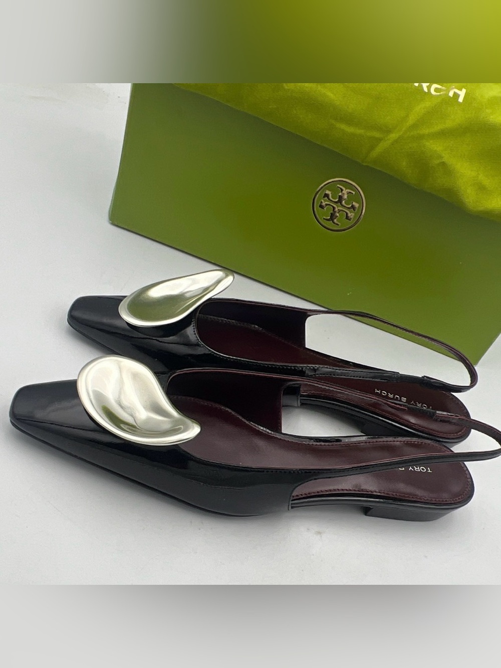 TORY BURCH Patos Leather Slingback Flats Pointed Toe Logo Women’s 7M NEW w/Box - Picture 6 of 16